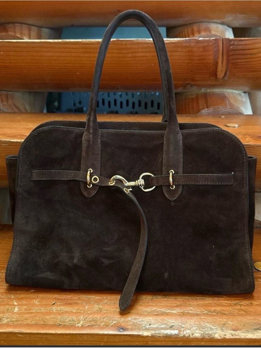 Classic Brown Suede Shoulder Bag with Gold Hardware